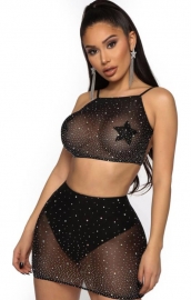 Black see-through rhinestone transparent bodysuit