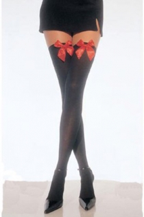 Semi-Sheer Black Thigh-High Stockings With Red Satin Bows on Welts