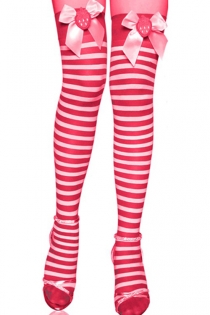 Red Strawberry Thigh-High Stockings, White-Striped, With Pink Welt Bows Featuring Strawberries