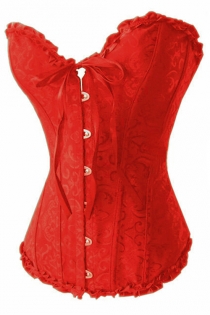 Fiery Red Victorian Corset of Floral Brocade With Ruffle Ribbon Trim, Sweetheart Neckline, Front Busk