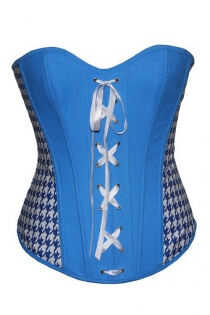 Blue and White Boned Overbust Corset With White Lace-up Front and White Geometric Print Side Panels