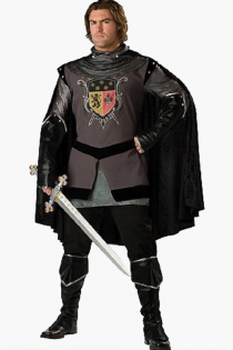 Elegant Knight Black Satiny Cape Dark Silvery Grey Longsleeve Above Knee Dark Grey Black Patterned Garment With a Knight's Mark