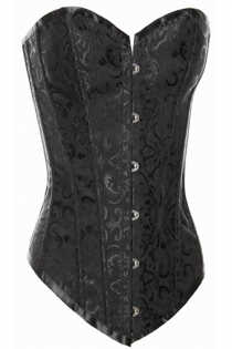 Black Satin Corset With Swirling Brocade Pattern and Trim, Front Busk