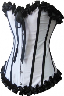 White Victorian Satin Corset With Black Ruched Ribbon Trim, Strips and Bow, Front Busk
