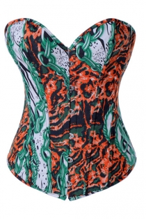 Comic Book Art Corset With Green Chains Pattern,, White and Orange Detail, Front Busk