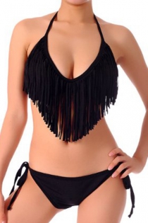 Exotic Black Bikini With Full Coverage Fringed Halter Top and String Bottom