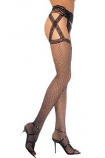 Black Fishnet Thigh-High Stockings With Attached Lacy Garter Belt and Criss-Crossing Stays