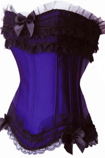 Confection Indigo Satin Corset WithGenerous Black Ruched Lace and Tulle Trim With Bows