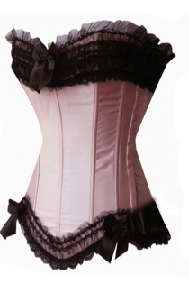 Confection Pink Satin Corset With Generous Black Ruched Lace and Tulle Trim With Bows