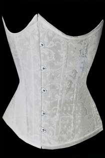 White Victorian Underbust Corset of Subtle Floral Brocade Pattern, Front Busk