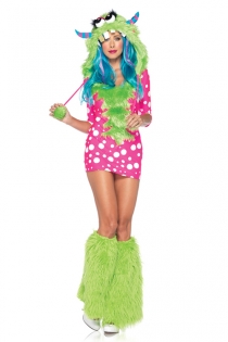 Playful Charmer Bright Pink White Polka Dots Arm Length Skimpy Dress With Neon Green Fur Design