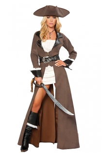 Alluring Pirate Charmer Soft Brown Long Gown Longsleeve Black Edges Pattern Belt Partly Covering White Tight Mini Dress