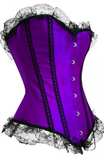 Purple Victorian Corset With Generous Black Lace Ruffle Trim and Matching Vertical Strips, Front Busk