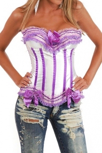 Naughty White Satin Corset With Orchid Purple Bows and Strips, and Combination Lace Ruffle Trim