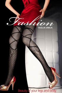 Black Fishnet Style Stockings With Chain Link Print on Bottom, Large Bow Print on Shin, and Zig Zag on Top