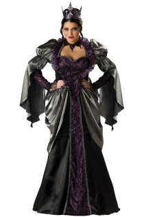 Striking Long Gown Dark Queen Glossy Dark Grey Ruffled Longsleeve Satiny Black Overlaying Violet Garment