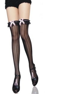 Sheer Black Vertically Striped Thigh-High Stockings With Lacy Garters and Pink Satin Bows