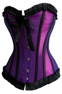Shimmering Purple Victorian Satin Training Corset With Black Ruched Ribbon Trim, Strips and Bow, Front Busk