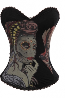 Black Bird Mistress Tattoo Corset With Multicolor Art Detail and Diamante, With Black Lace Trim