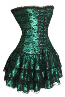 Gorgeous Green Corset Dress With Floral Lace Overlay and Ruffle-Layered Skirt and Lace-up Front