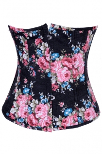 Pleasing Pink Roses With Small Blue and Brownish Green Floral Prints on a Blackish Tight Fit Corset