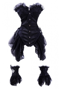 Goth Corset Dress With Intricate Front Lace Stitching, Side Lace-up Diamond Panels and Lace/Tulle Side Skirts, Front Busk