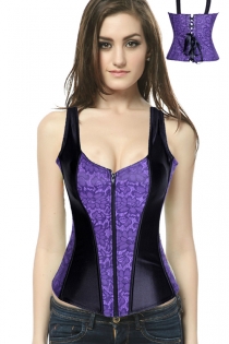 Black Satin Corset With Purple Floral Panels, Shoulder Straps, Zip Up Front, and Satin Lace-up Back Closure