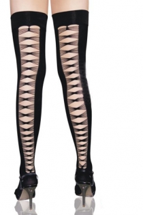 Black Opaque Thigh-High Stockings With Open Backs in Ruched Strings Diamond Pattern