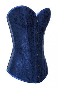 Royal Blue Victorian Corset With Lighter Blue Brocade Pattern and Trim, Front Busk
