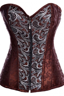 Stunning Dark Copper Corset With Floral Brocade Pattern and Silver Diamanted Paisley Lace Panels, Front Zipper