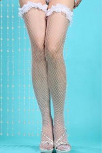 Retro White Fishnet Thigh-High Stockings With Lacy Garters