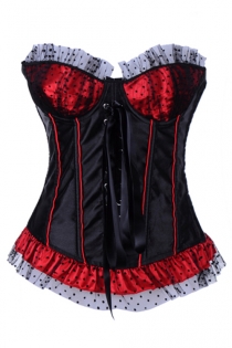 Black and Red Satin Corset With Polka Dot Tulle Over Red Satin on Underwired Cups and Bottom