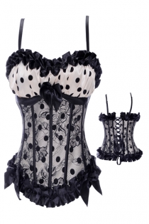Apricot Corset With Black Polka Dots and Underbust Lace Overlay, Ribbon Bows and Ruched Trim With Straps