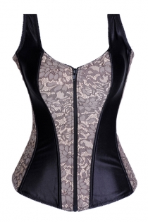 Black Satin Corset With White Floral Panels, Shoulder Straps, Zip Up Front, and Satin Lace-up Back Closure