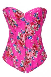 Spring-Time Pink Overbust Denim Corset With Retro Rose Flower Pattern, Front Busk
