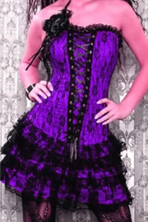 Gorgeous Purple Corset Dress With Floral Lace Overlay and Ruffle-Layered Skirt, Lace-up Front and Black Flower on Bust