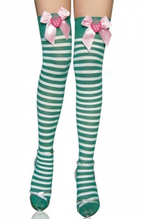 Green Strawberry Thigh-High Stockings, White-Striped, With Pink Welt Bows Featuring Strawberries