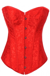 Fiery Red Victorian Corset With Discreet Floral Brocade Pattern, Modesty Cover, Front Busk