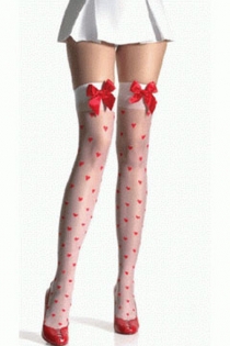 Sheer White Thigh-High Stockings With Little Red Hearts and Welts With Red Satin Bows