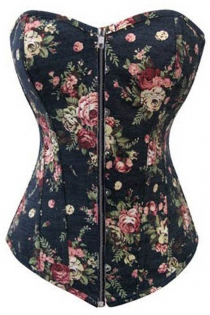 Black Denim Corset With Retro Floral Pattern and Mild Sweetheart Neckline, Front Zipper Closure