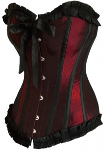Shimmering Burgundy Victorian Training Corset With Black Ruched Ribbon Trim, Strips and Bow, Front Busk