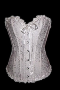 White Waist Training Corset of Floral Brocade With Ruffle Ribbon Trim, Sweetheart Neckline, Front Busk