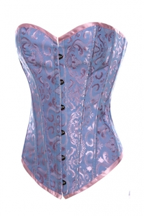 Dreamy Ciel Blue Corset With Swirling Violet Brocade Pattern and Trim, Front Busk