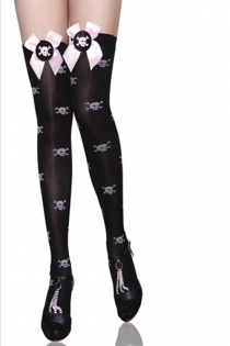Semi-Sheer Black Thigh-High Stockings With Skulls-and-Bones Pattern and Pink Welt Bows Featuring Skulls