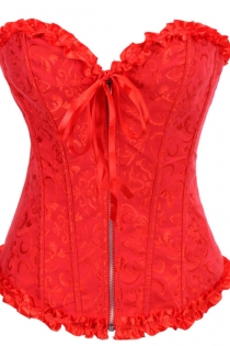 Fiery Red Victorian Corset of Floral Brocade With Ruffle Ribbon Trim, Sweetheart Neckline, Front Zipper