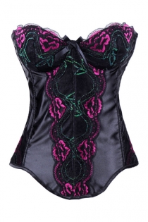 Black Satin Corset With Pink, Green and Black Lace Stitching Over Front and Cups and Center Bow