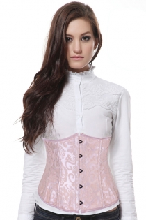 Sexy Ivory Lace Waist Corset With Pink Ribbon Trim and Black Metal Clasps