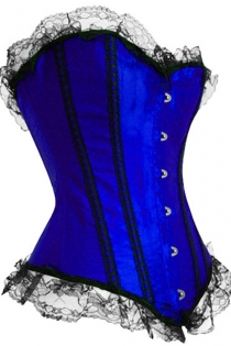 Blue Victorian Corset With Generous Black Lace Ruffle Trim and Matching Vertical Strips, Front Busk
