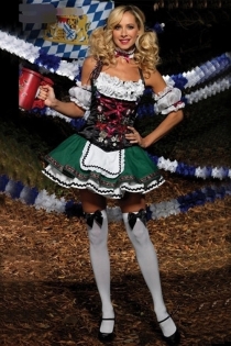 Playfull Cabaret Girl With Glossy White Ruffled Top Gorgeous Bodice and Nicely Layered Green and White Skirt