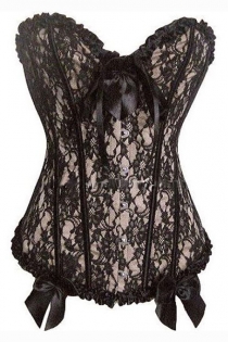 Beige Corset With Black Floral Lace Overlay and Black Ruched Trim, Bow and Strips, Front Busk